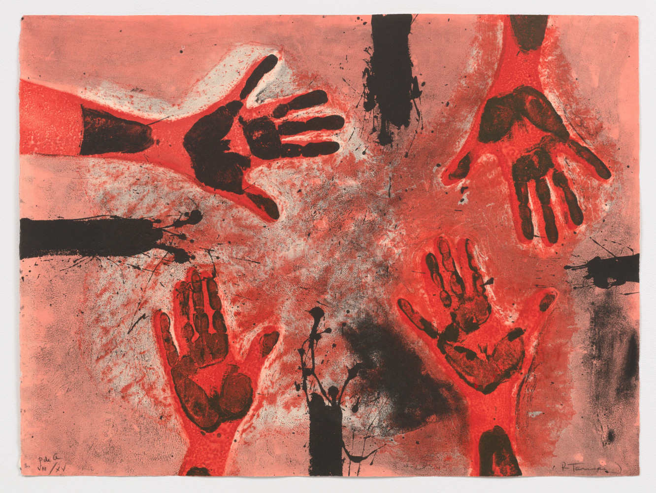 Several red and black hands facing up, with a muted red background and vibrant red and black splatters