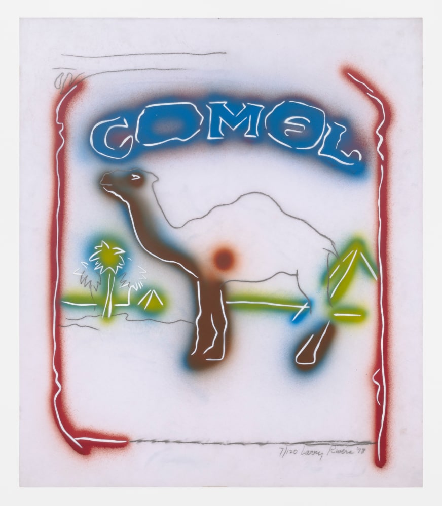 A Larry Rivers work on paper depicting a camel with the words &quot;camel&quot; above structured by two vertical red lines on white paper