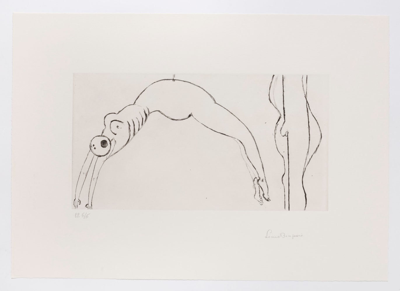 A Louise Bourgeois drypoint depicting two figures, one with an arched back hanging from it's stomach, the other more abstracted