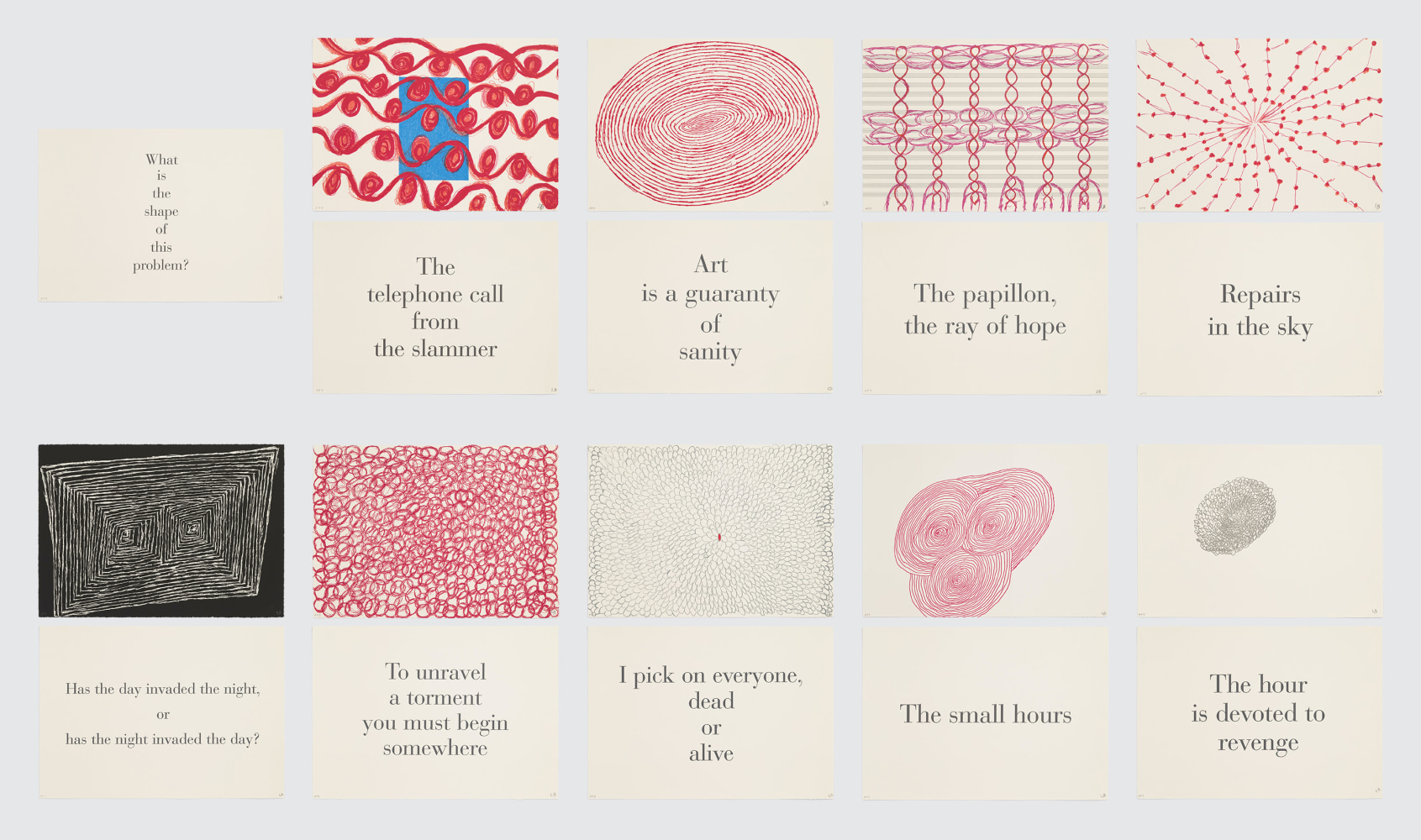What is the Shape of this Problem?, 1999

suite of 9 lithograph and letterpress diptychs, edition of 25 + 14 AP

each 12 x 17 in. / 30.5 x 43.2 cm