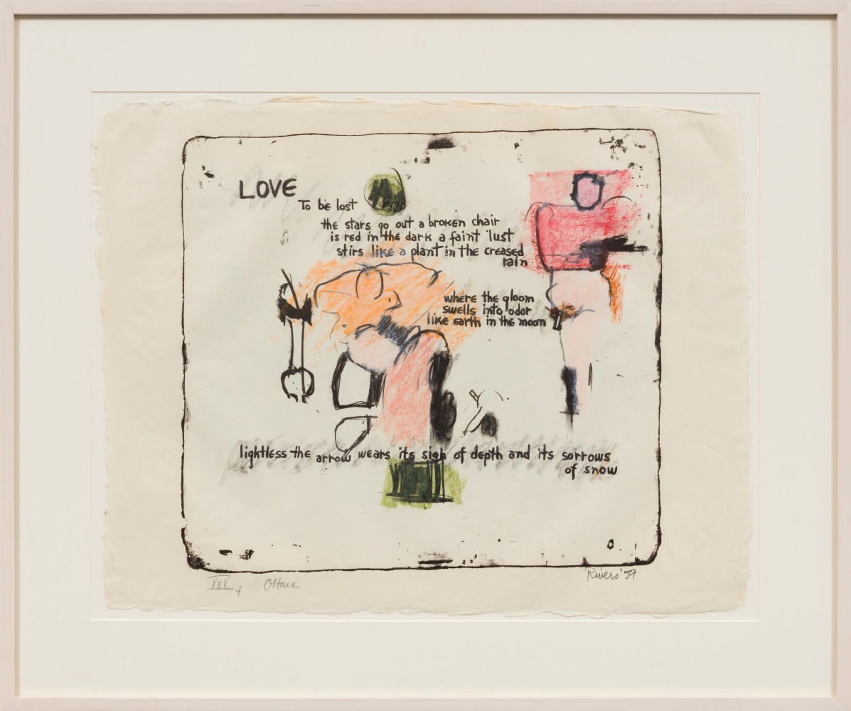 A hand-colored lithograph from a suite of 12 depicting text and figures on cream paper by Larry Rivers