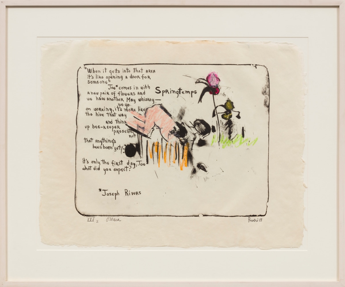 A hand-colored lithograph from a suite of 12 depicting text, figures, and plants on cream paper by Larry Rivers