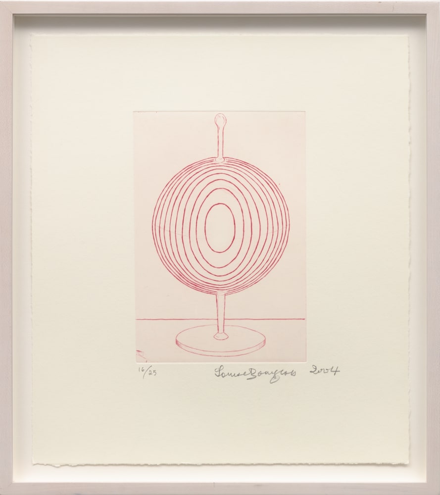 A Louise Bourgeois drypoint depicting a nred abstracted circular object on a small pedestal