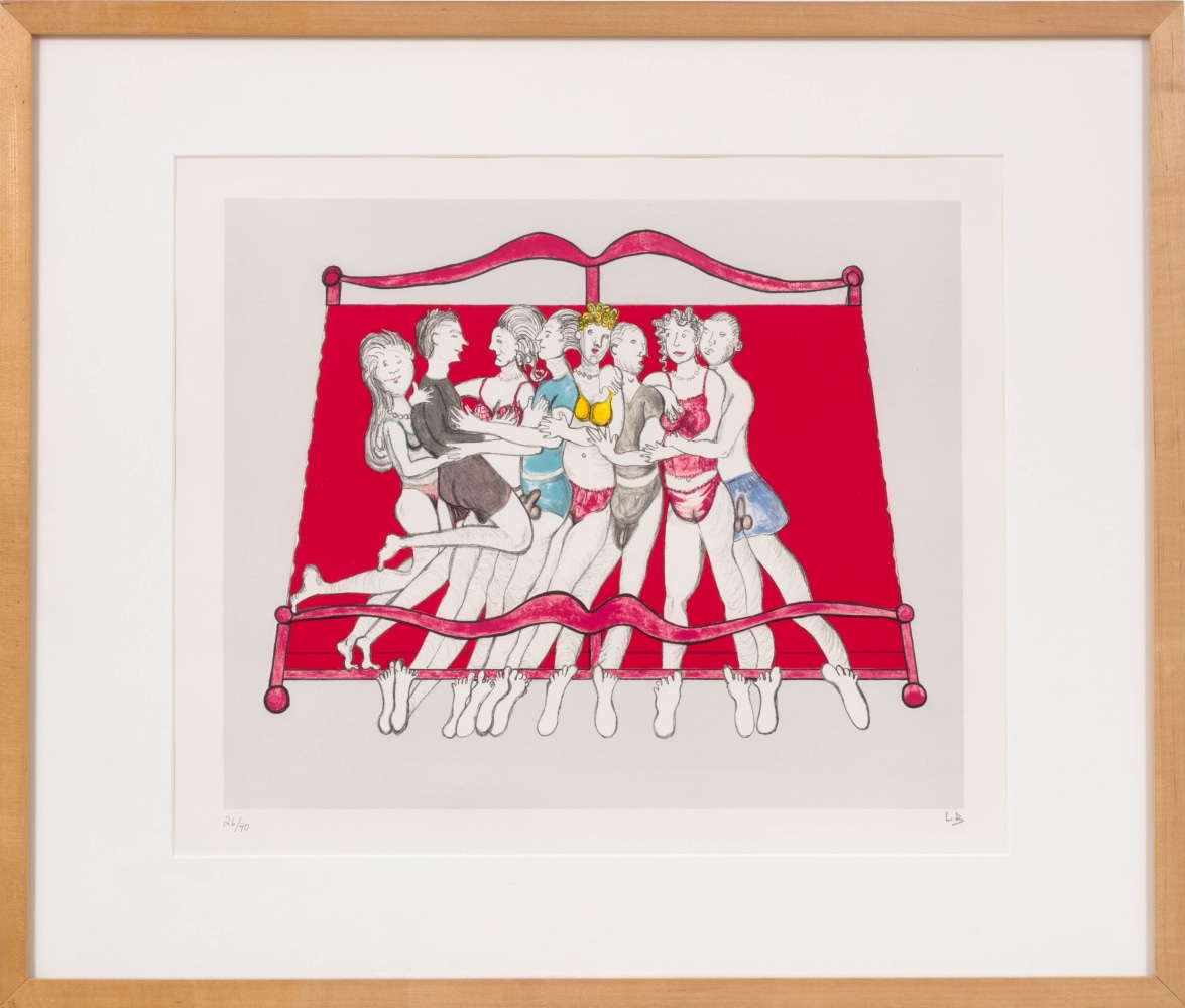 An embossed Louise Bourgeois lithograph depicting eight figures on top of a red bed