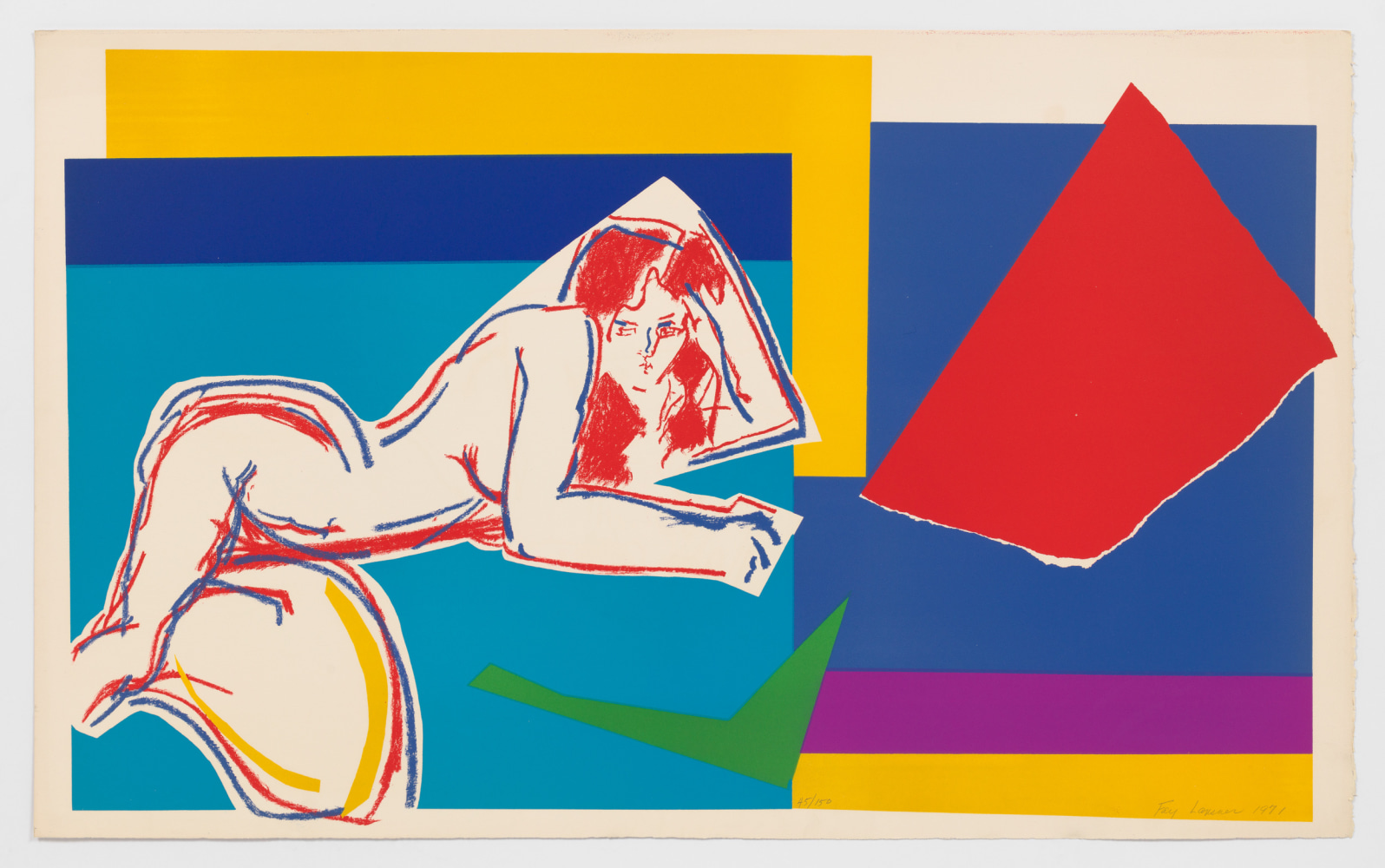 A colorful and geometric Fay Lansner lithograph featuring a womans figure on the left side of the paper