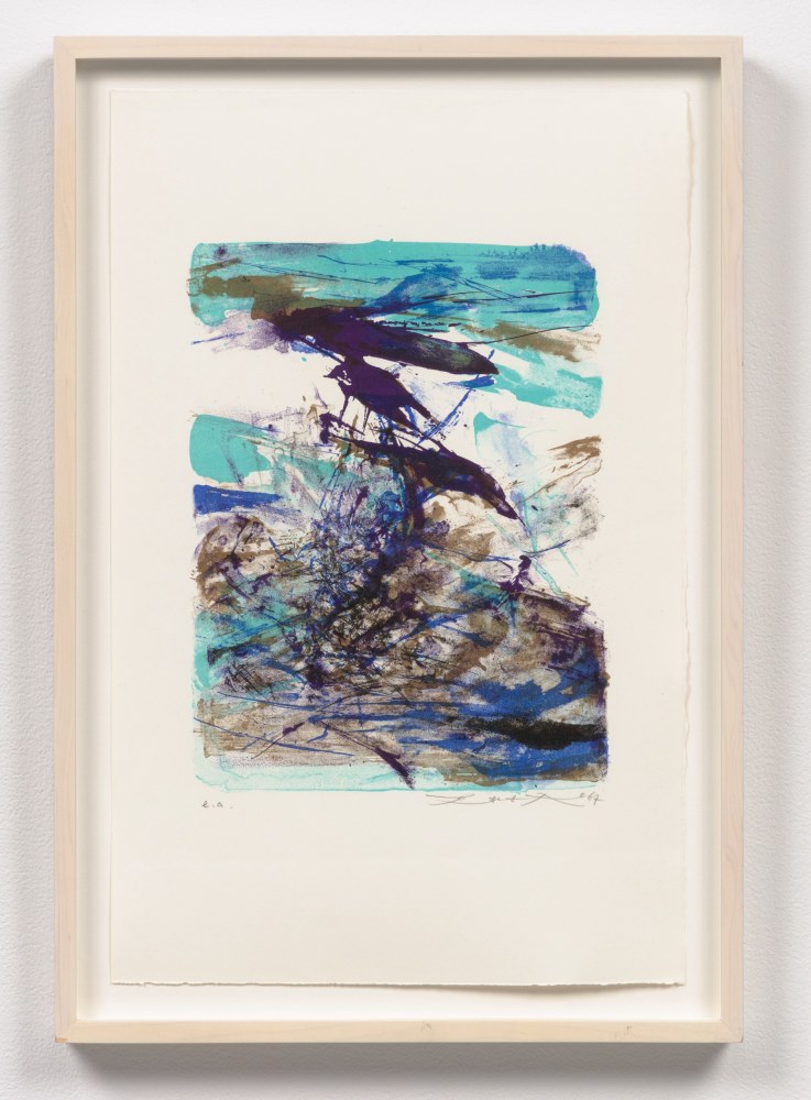 A gestural, abstract, blue Zao Wou-Ki lithograph featuring energetic movement with a white background