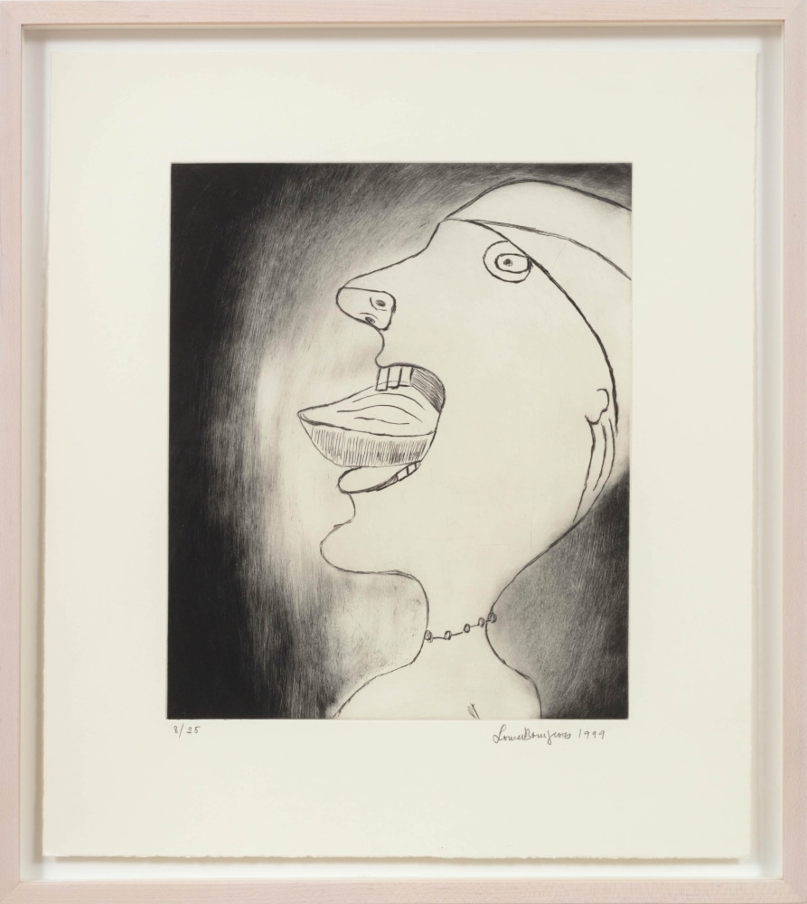 A Louise Bourgeois lithograph of the profile of a face with the tongue out with a dark backgruond fading into black