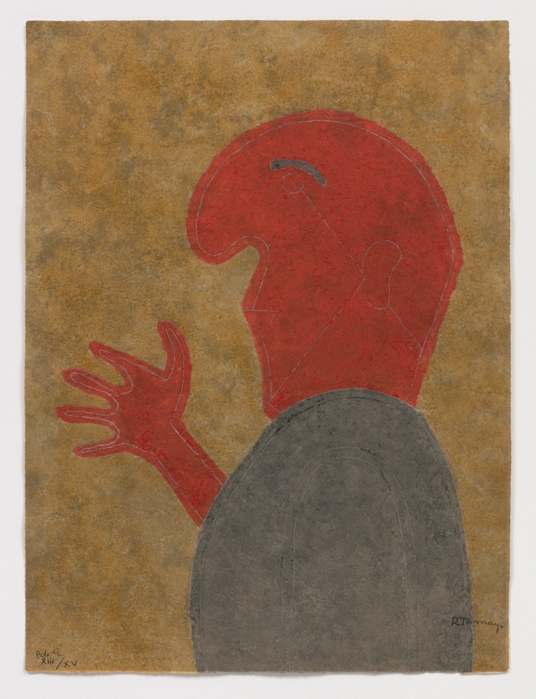 The profile of a red, abstracted figure with one hand up over a brown background