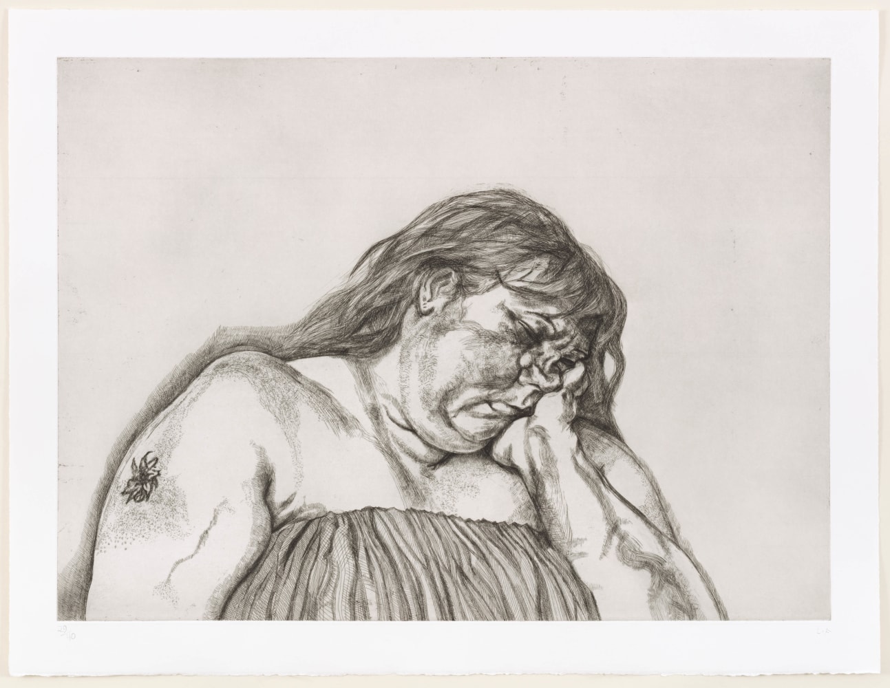An etching of a woman with a singular upper arm tattoo by Lucian Freud