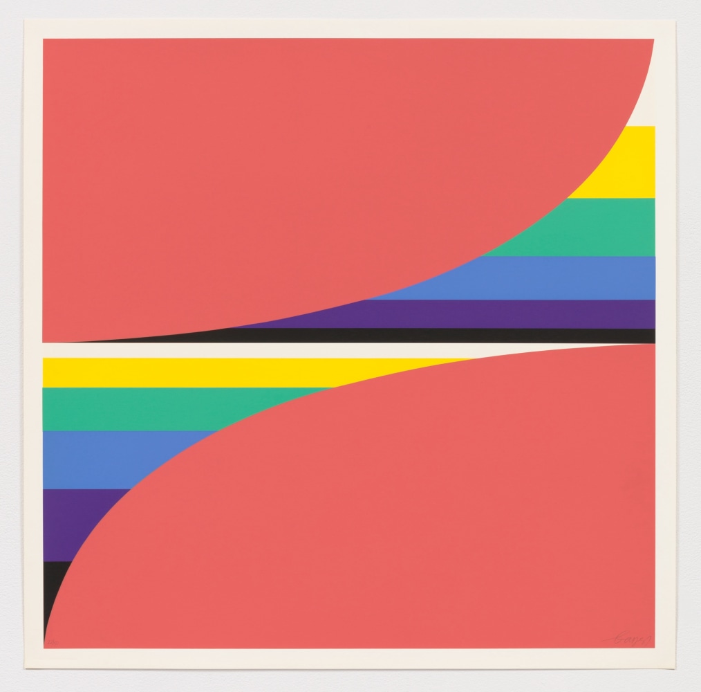 A colorful, geometric Herbert Bayer screenprint featuring two red curved shapes in opposite corners overtop of purple, blue, green, yellow, black and white horizontal lines