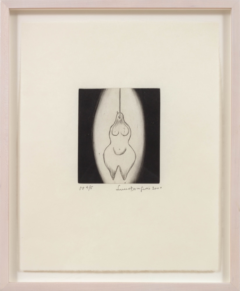 A Louise Bourgeois drypoint of a womans figure hanging from it's mouth on a white background fading into black