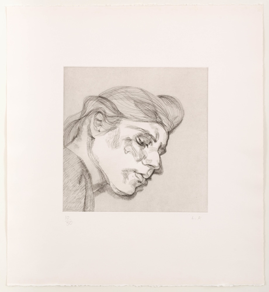 A Lucian Freud etching depicting a portrait of a face with light shadows