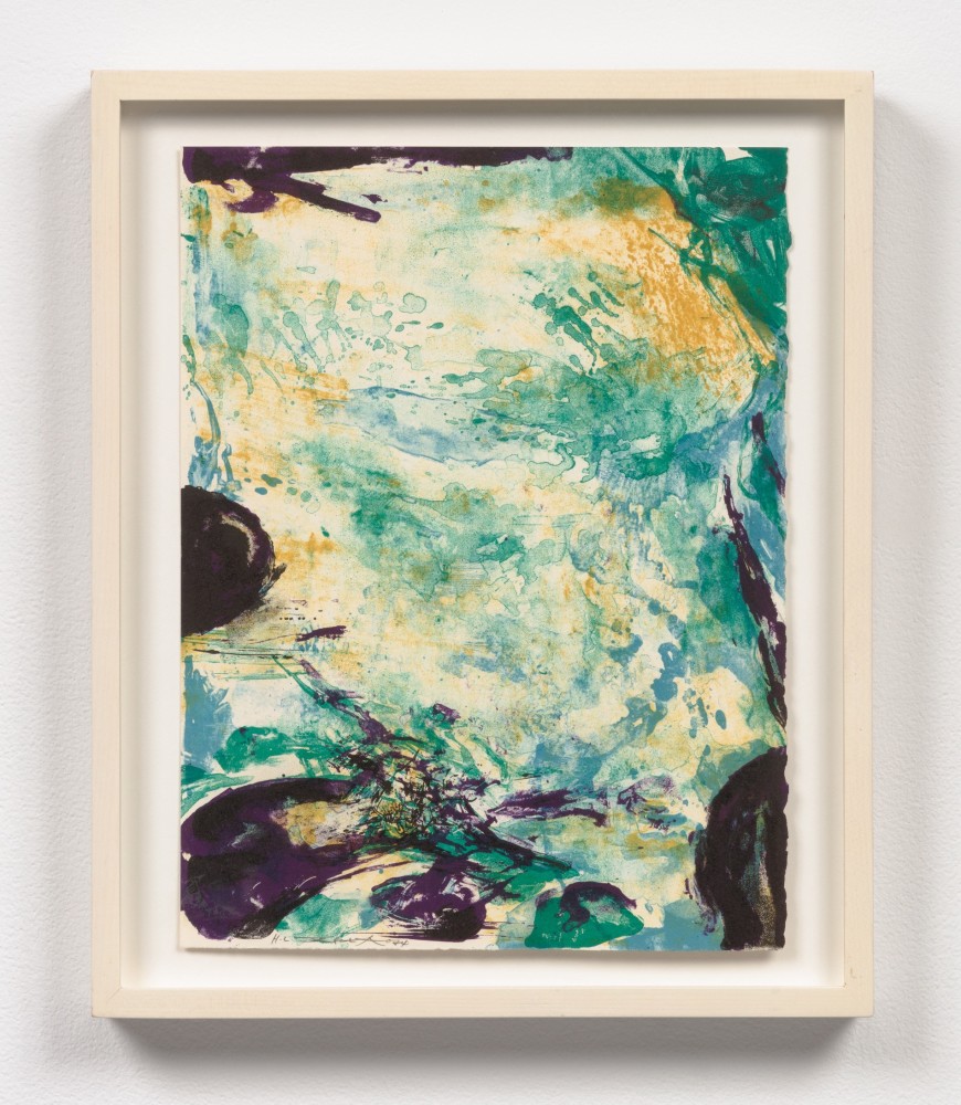 A blue/green lithograph by Zao Wou-Ki featuring numerous gestural dark patches on the perimeter, with a lighter center