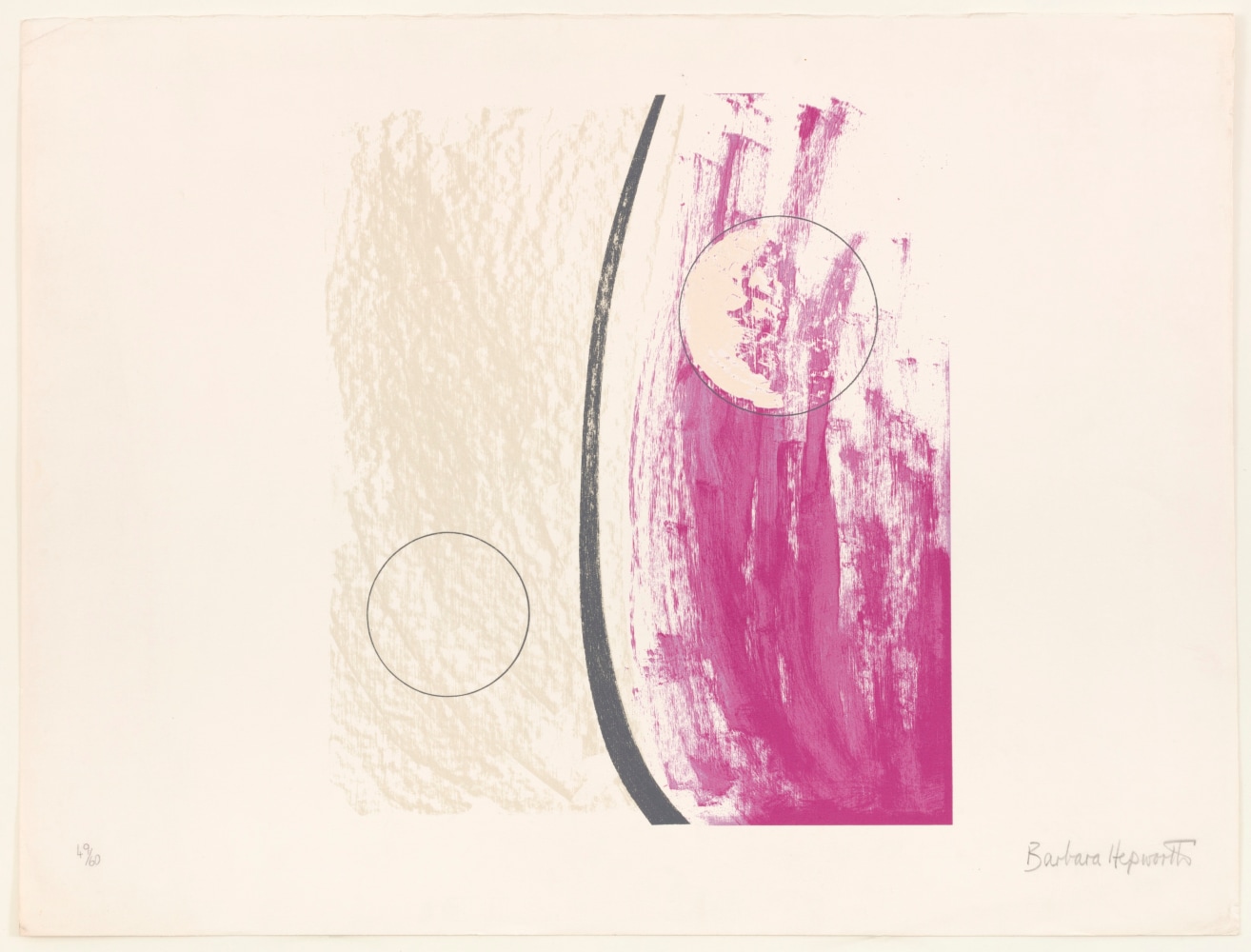 A gestural screenprint from a portfolio of 12 depicting a two toned pink and cream composition divided by a centered curved gray line with a circle on each side by Barbara Hepworth