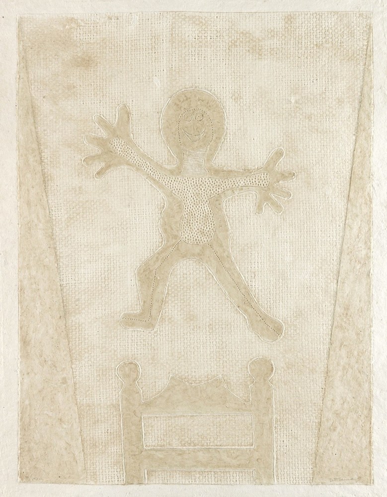 A figure jumping or falling above the top of a chair. All light, neutral colors