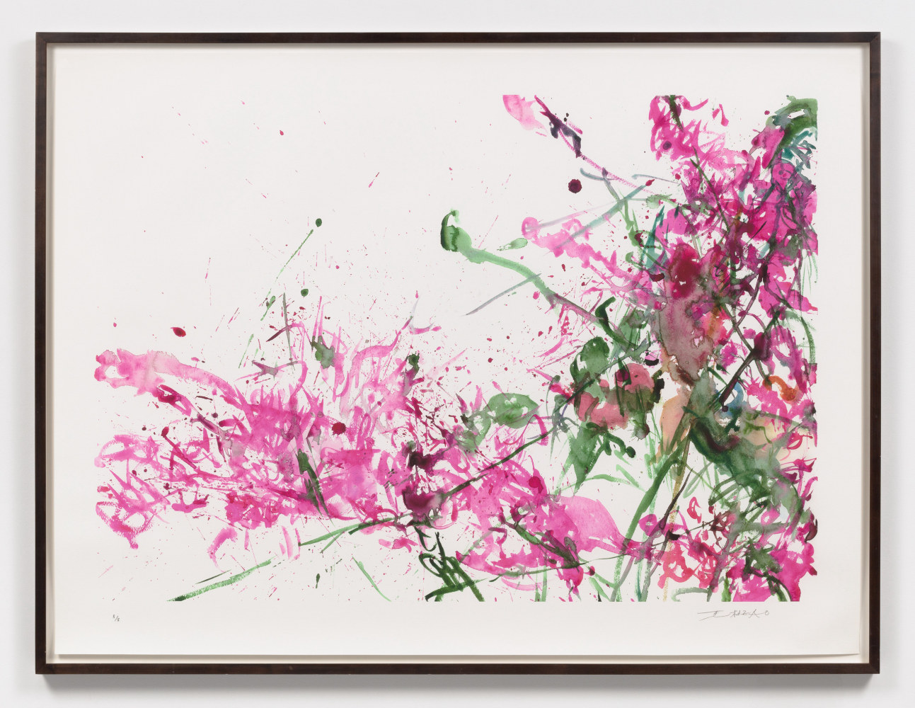 A colorful, movement filled serigraph by Zao Wou-Ki in pink and green on white paper