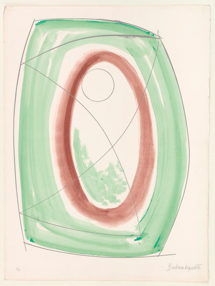 A gestural screenprint from a portfolio of 12 depicting green and red circular shpaes with thin lines by Barbara Hepworth