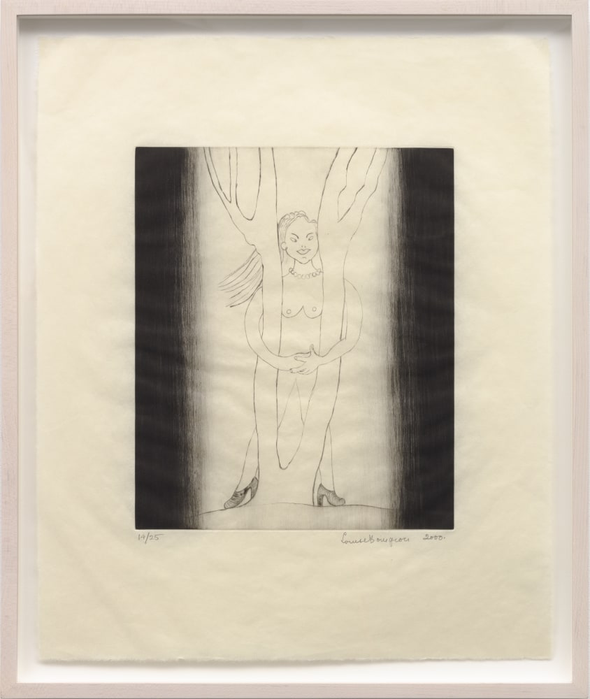 A Louise Bourgeois drypoint of a woman wearing heeled shoes and a necklace with her arms wrapped around a tree with a background fading into black on the left and right sides of the print face