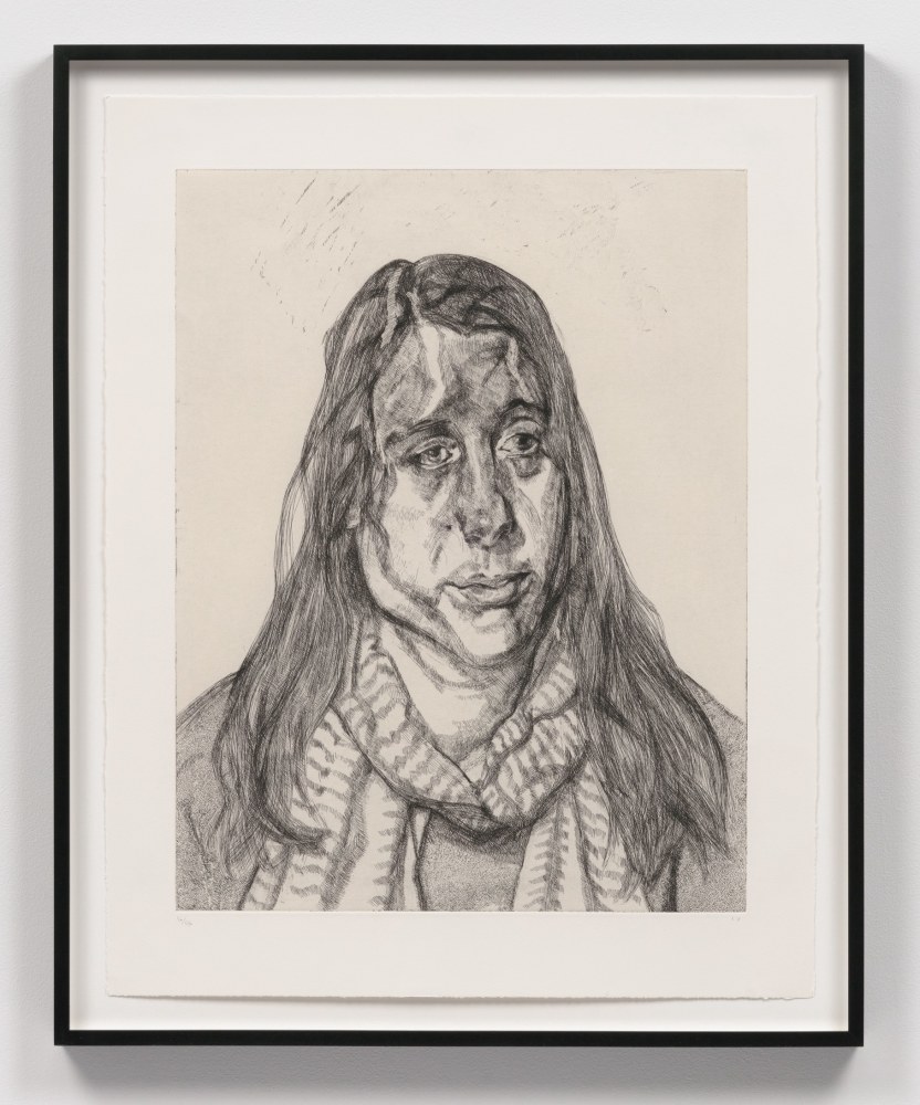 Lucian Freud
Portrait Head (Emily), 2001

etching on Somerset textured white paper, ed. of 46

plate: 23 1/2 x 18 in. / 59.7 x 45.7 cm

sheet: 30 x 22 1/2 in. / 76.2 x 57.2 cm