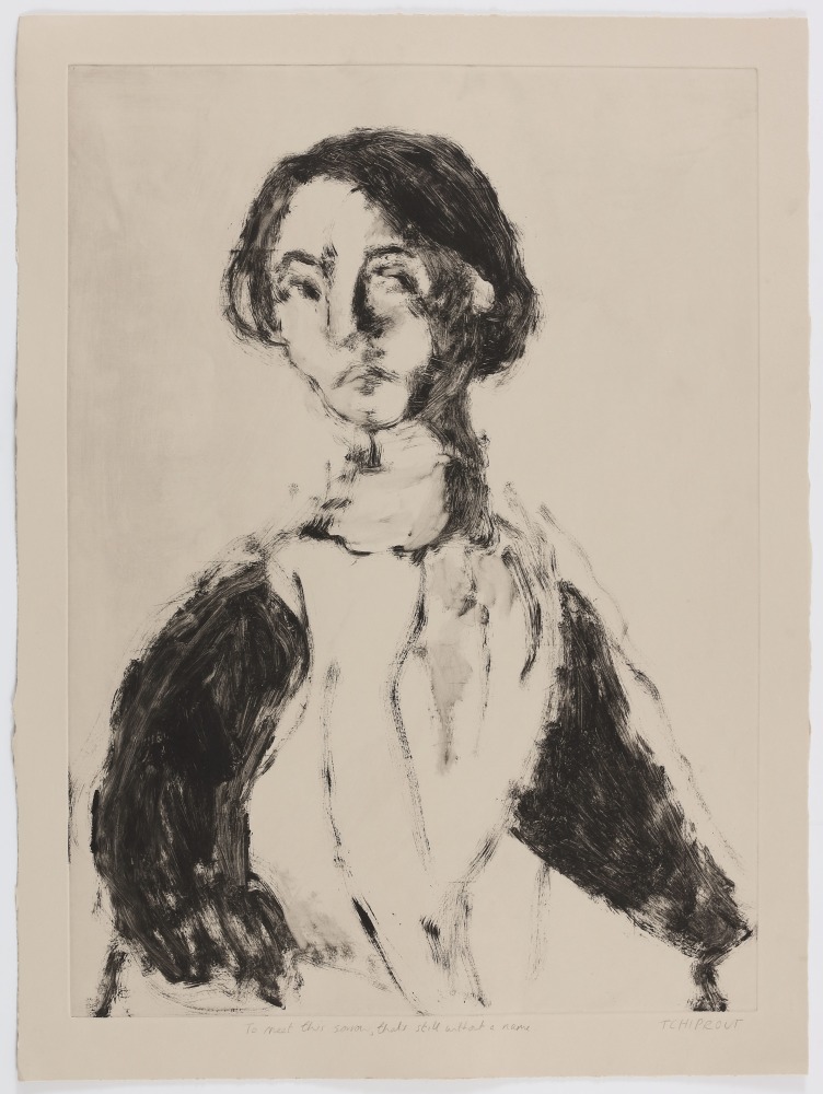 A monotype in black ink featuring the front of a figure by Liorah Tchiprout