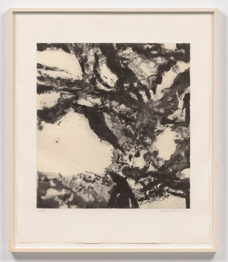 An etching with aquatint by Zao Wou-Ki featuring numerous ink blot-like dark shapes