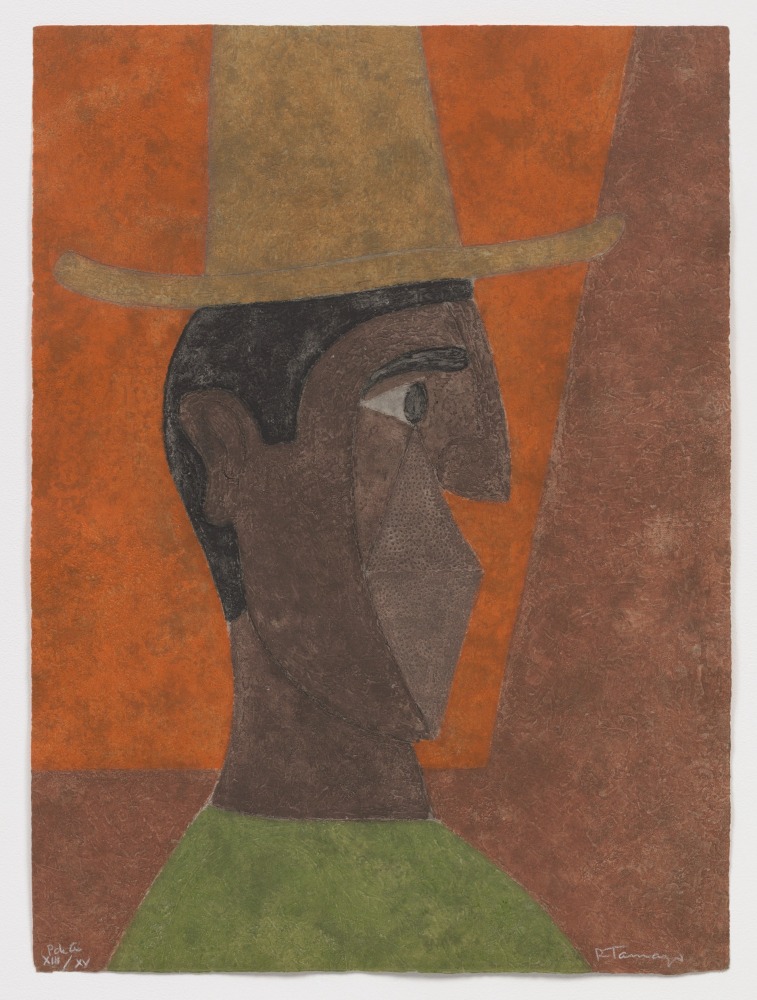 Print depicting the profile of a mans face wearing a hat