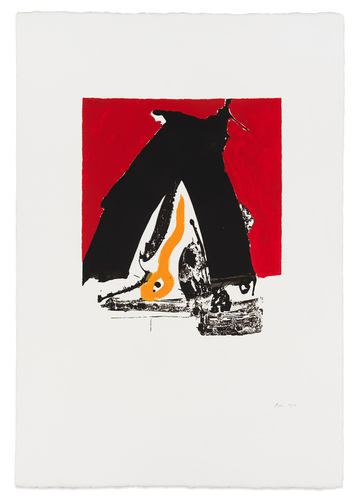 An abstract Robert Motherwell screenprint of a triangular black shape featuring an organic orange center shape with a red and white split background