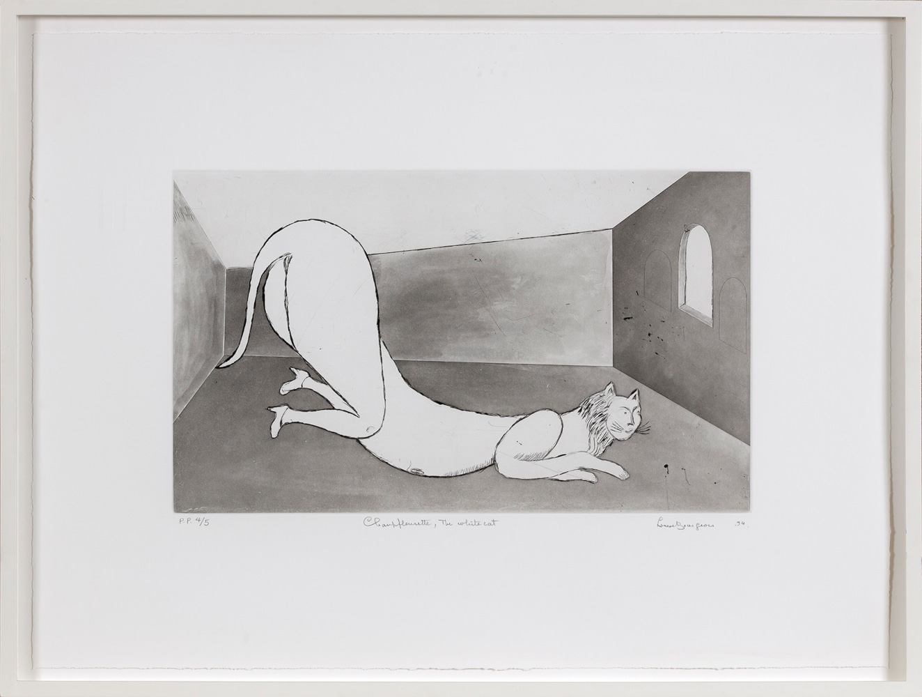 A Louise Bourgeois drypoint depicting a white cat in a grey room with a raised behind wearing heeled shoes on it's back two feet