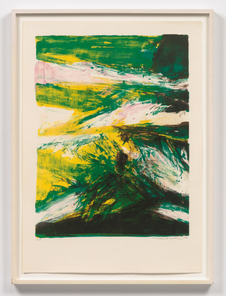 A colorful and gestural lithograph by Zao Wou-Ki featuring greens, yellows, and pinks