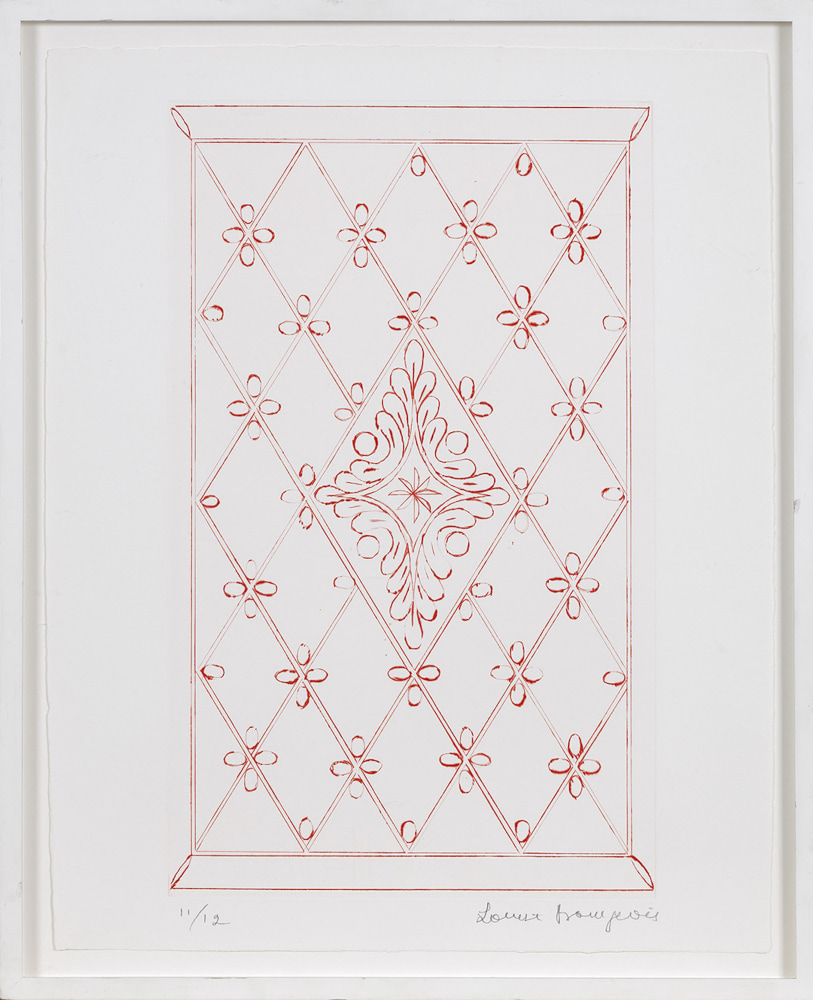A Louise Bourgeois drypoint depicting a red, repetitive design with an ornate diamond shaped center design