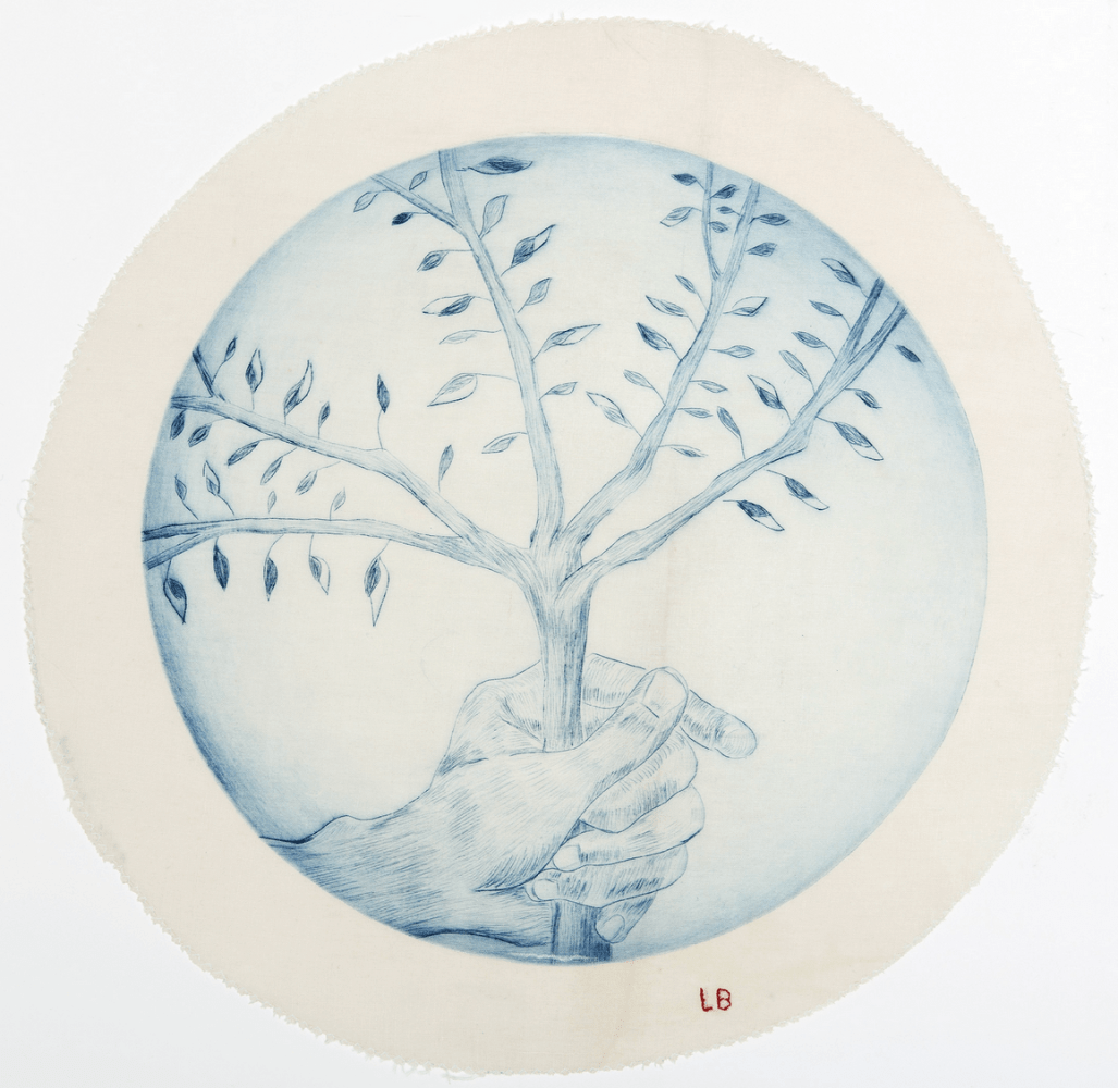 A circular, blue drypoint on cloth depicting a hand holding a branch by Louise Bourgeois