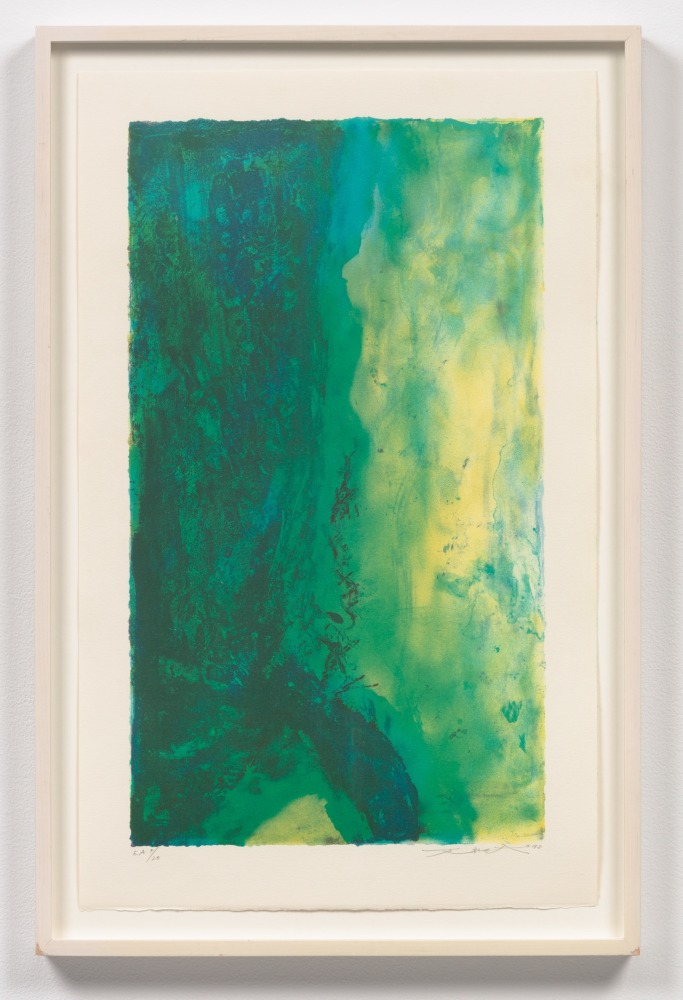 A vibrant green and blue abstract lithograph by Zao Wou-Ki featuring yellow cloud like forms on the right side of the paper