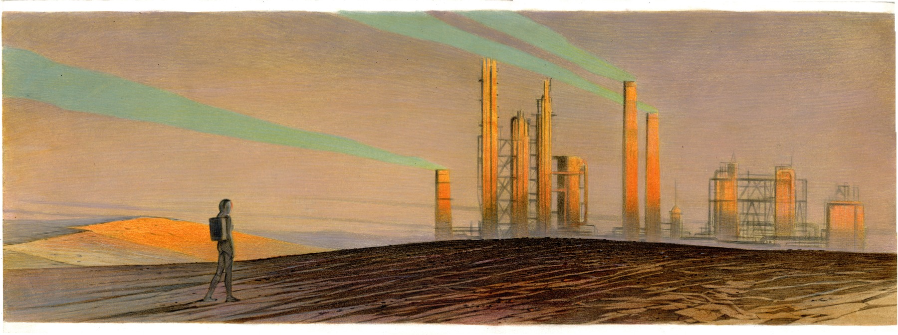 Fran&amp;ccedil;ois Schuiten

Night 160 - 3:45 AM, 2021

Acrylic and crayon on Arches Aquarelle paper

Framed: 14 3/8 x 34 inches (36.51 x 86.36 cm)

$15,000