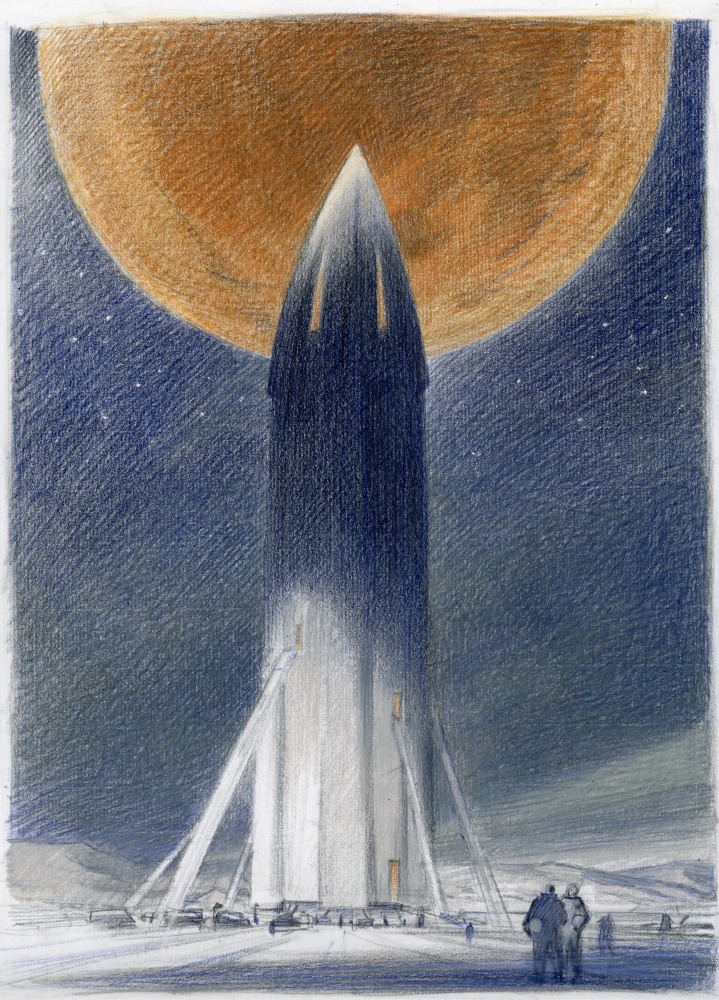 Fran&amp;ccedil;ois Schuiten

Objectif Mars - Sketch #3, 2021

Acrylic and crayon on Arches Aquarelle paper

Framed: 22 x 15 3/4 inches (55.88 x 40.01 cm)

Sold