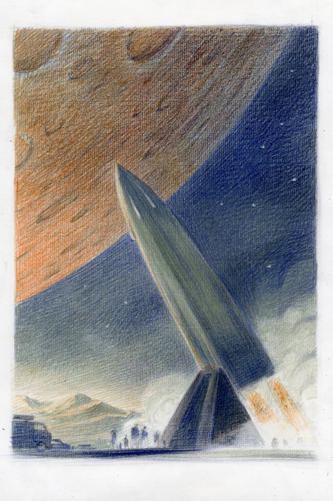 Fran&amp;ccedil;ois Schuiten

Objectif Mars - Sketch #2, 2021

Acrylic and crayon on Arches Aquarelle paper

Framed: 22 x 15 3/4 inches (55.88 x 40.01 cm)

Sold