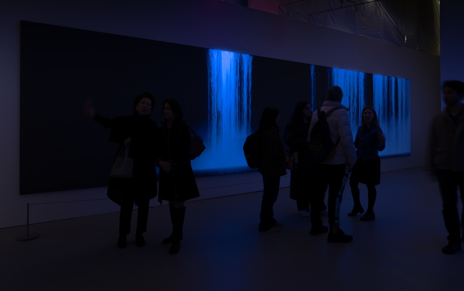 Five large works painted with flourecent pigments are displayed in the darkened exhibition space.