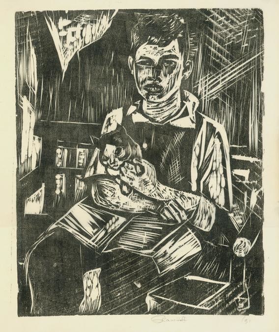 Seated Boy with Cat and Book
RBWWdC 4008
Hand Printed Woodcut&amp;nbsp;
Oil Based Printer&amp;#39;s Ink
on Handmade Japanese Paper
One of Fourteen Extant Impressions
H: 15 13/16 x W: 13 1/2 inches