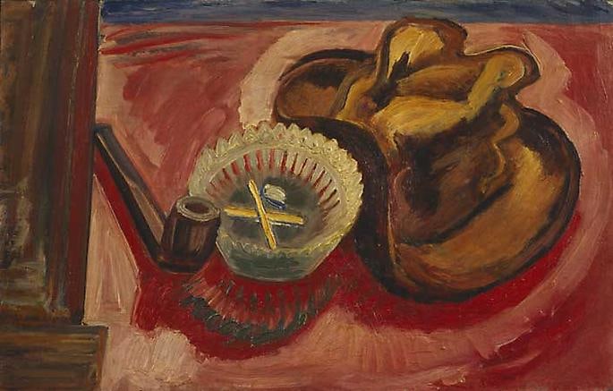 Pipe, Ashtray and Hat
Inv# Painting 016 Untitled, c. 1930s -1940s
Oil on canvas
12 1/8 x 19 3/8 inches&amp;nbsp;
30.8 x 49.2 cm