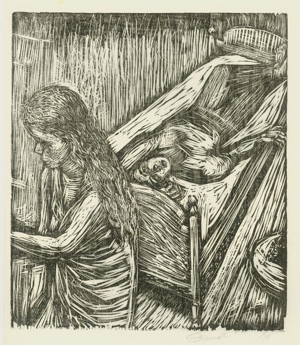 Bedroom Scene
RBWWdC 1904
Hand Printed Woodcut&amp;nbsp;
Oil Based Printer&amp;#39;s Ink
on Handmade Japanese Paper
One of Five Extant Impressions
H: 11 3/4 x W: 9 5/8 inches