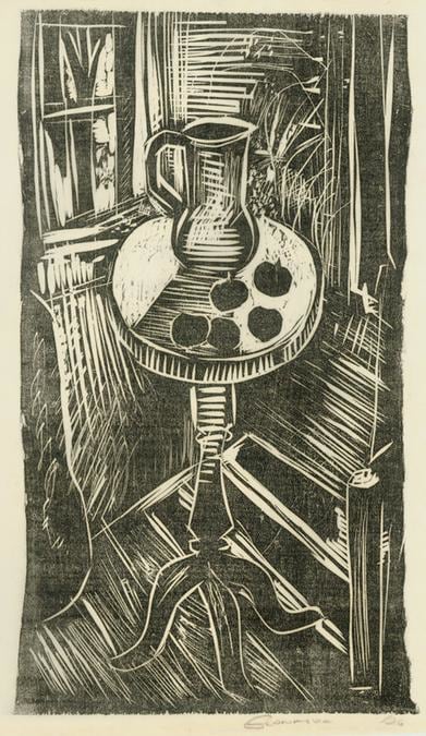 Still Life with Five Apples
RBWWdC 2708
Hand Printed Woodcut&amp;nbsp;
Oil Based Printer&amp;#39;s Ink
on Handmade Japanese Paper
One of Fifteen Extant Impressions
H: 13 1/2 x W: 8 1/4 inches