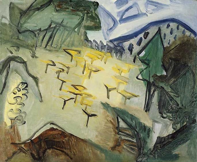 Woodstock Landscape: Yellow Trees, Green Mountains, Blue Sky
Inv# Painting 009 Untitled, c. 1930s
Casein on canvas
22 1/4 x 27 1/4 inches&amp;nbsp;&amp;nbsp;
56.5 x 69.2 cm