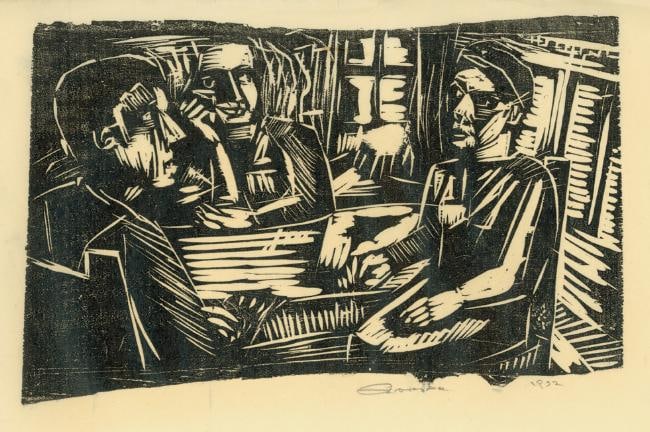 The Conversation
RBWWdC 3408
Hand Printed Woodcut&amp;nbsp;
Oil Based Printer&amp;#39;s Ink
on Handmade Japanese Paper
One of Nine Extant Impressions
H: 9 7/8 x W: 14 1/8 inches