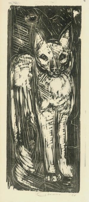 Standing Cat
RBWWdC 2607
Hand Printed Woodcut&amp;nbsp;
Oil Based Printer&amp;#39;s Ink
on Handmade Japanese Paper
One of Ten Extant Impressions
H: 14 x W: 6 1/2 inches