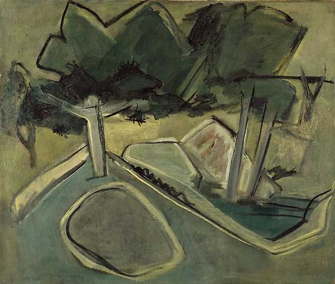 Woodstock Landscape: Green Hills and Trees
Inv# Painting 008 Untitled, c. 1930s
Casein on canvas
25 3/16 x 30 3/16 inches&amp;nbsp;&amp;nbsp;
64 x 76.7 cm