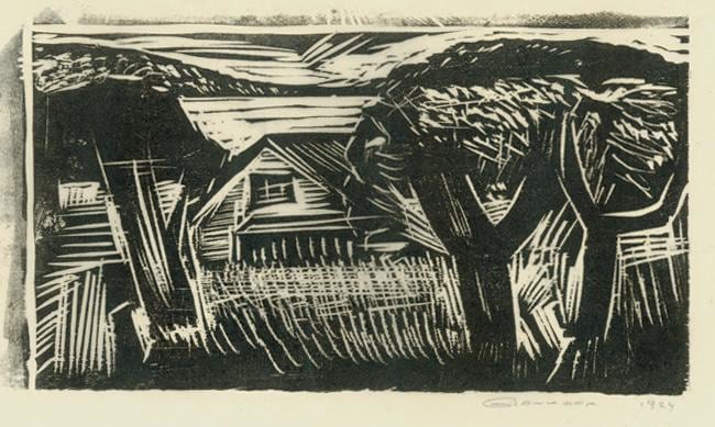 Woodstock House and Mountains
RBWWdC 3005
Hand Printed Woodcut&amp;nbsp;
Oil Based Printer&amp;#39;s Ink
on Handmade Japanese Paper
One of Fourteen Extant Impressions
H: 7 x W: 11 7/8 inches