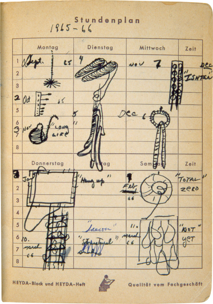 Eva Hesse 
Untitled, 1965
Bound notebook with sketches and writings
8 1/4 &amp;times; 5 7/8 &amp;times; 1/4 inches (21 &amp;times; 15 &amp;times; 3/5 cm)
Allen Memorial Art Museum; Gift of Helen Hesse Charash, 1977.52.27.