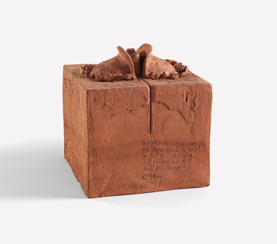 Hannah Wilke
That Fills Earth..., 1965
Terracotta with incised poem
9 5/8 &amp;times; 9 1/4 &amp;times; 9 1/4 inches (24.4 &amp;times; 23.5 &amp;times; 23.5 cm)
Hannah Wilke Collection &amp;amp; Archive, Los Angeles.
Courtesy Alison Jacques Gallery, London.
Photo&amp;nbsp;by Michael Brzezinski.