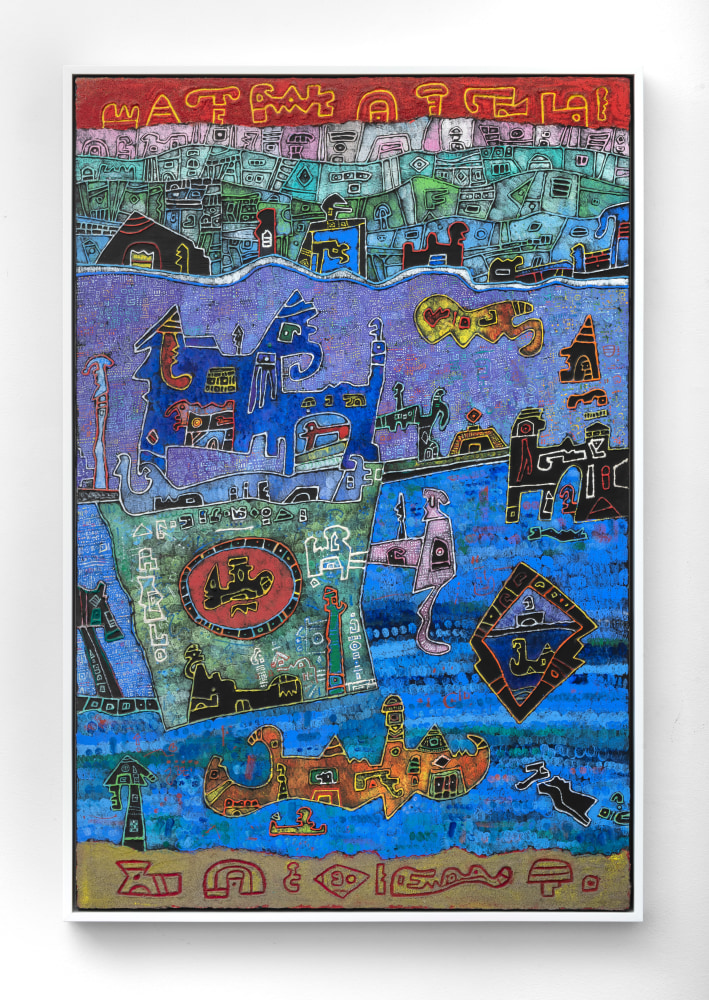Ynez Johnston (1920-2019) Night in a Town by the River, 1998     acrylic on canvas 35 3/4 x 24 inches;  90.8 x 61 centimeters LSFA# 15232