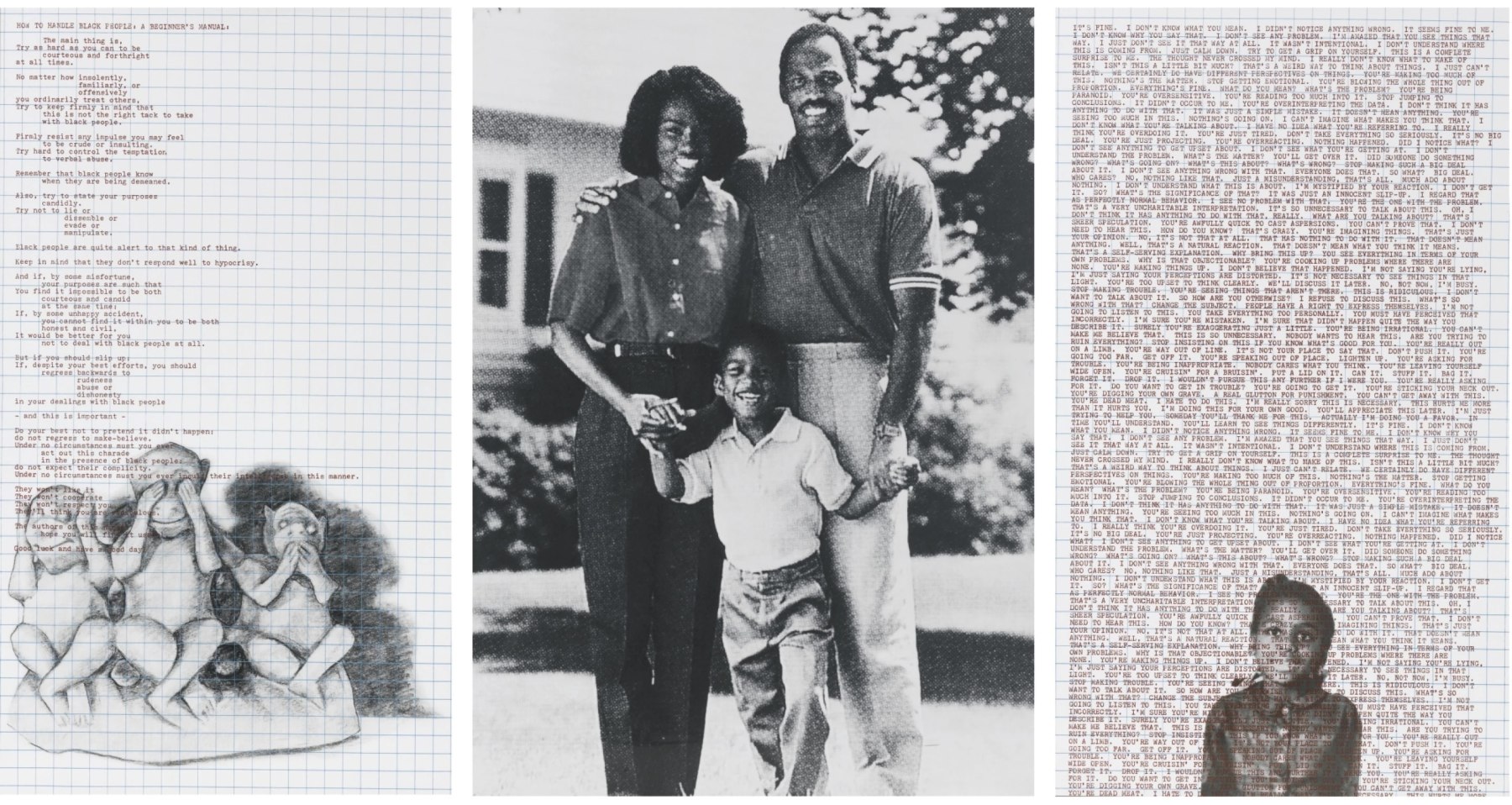 Adrian Piper

Decide Who You Are #25: How to Handle Black People: A Beginner&amp;rsquo;s Manual,&amp;nbsp;1992

Panel #1: &amp;nbsp;pencil drawing on graph paper enlarged to 72 x 42 inches with overprinted red text

Panel #2: &amp;nbsp;photo enlarged to 72 x 55 7/16 inches

Panel #3: &amp;nbsp;photomontage on graph paper enlarged to 72 x 42 inches