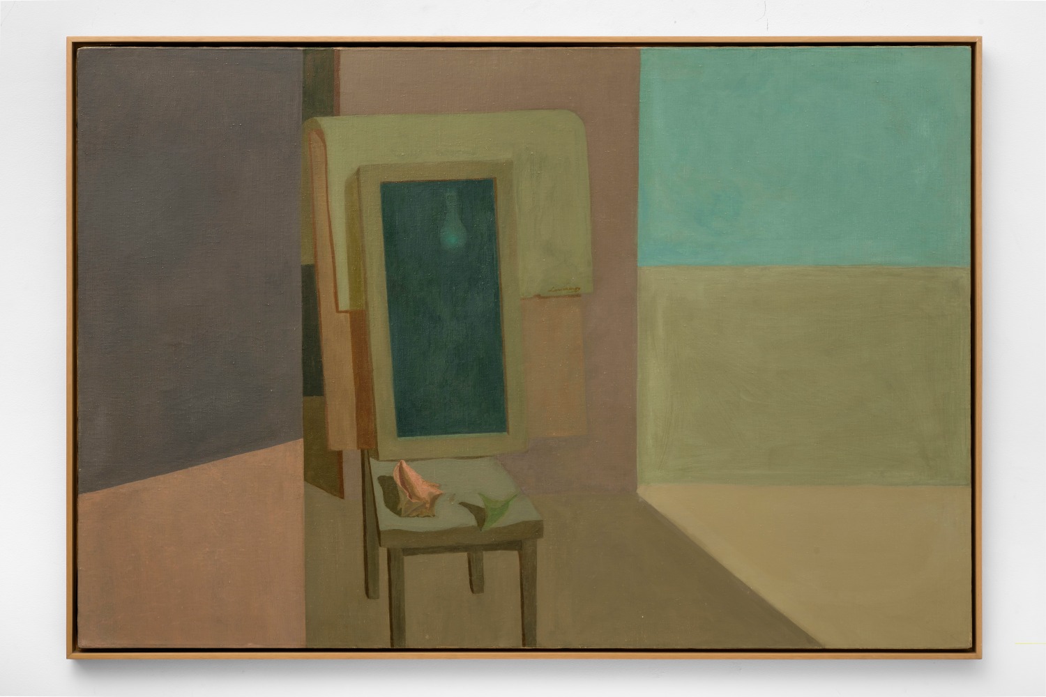 Helen Lundeberg (1908-1999)
The Mirror, (The Mirror III or The Mirror and Pink Shell), 1956&amp;nbsp;&amp;nbsp;&amp;nbsp;&amp;nbsp;
oil on canvas
40 x 60 inches;&amp;nbsp;&amp;nbsp;101.6 x 152.4 centimeters
LSFA# 15280
